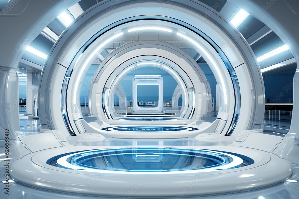 White teleport. Futuristic teleportation podium or portal, a conceptual illustration of a time machine in a neon-lit space station White teleport. Futuristic teleportation podium or portal, a conceptual illustration of a time machine in a neon-lit space station