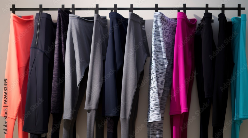 A row of neatly arranged workout leggings and yoga pants. created with Generative AI technology A row of neatly arranged workout leggings and yoga pants. created with Generative AI technology