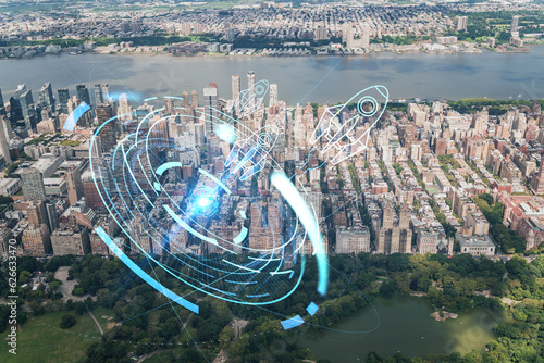 Photography Aerial panoramic helicopter city view of Upper West Side Manhattan neighborhoods and Central Park, New York, USA