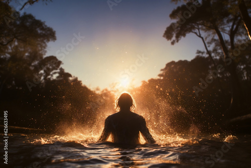 Rear view of person being baptized waist deep in river with sun flare