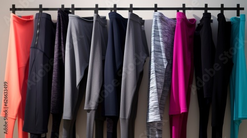 A row of neatly arranged workout leggings and yoga pants. created with Generative AI technology