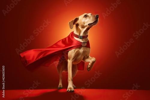Portrait of superhero dog wearing red cape, jumping like a super hero, isolated on studio background