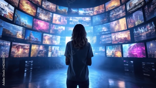 Woman watching smart TV wall, displaying many streaming channels and online media, entertainment and technology concept