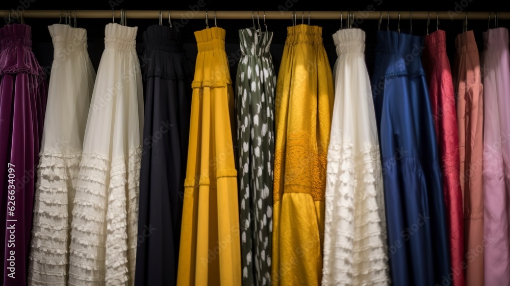 A row of neatly organized skirts and dresses in different lengths. created with Generative AI technology