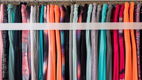 A row of neatly organized leggings and yoga pants. created with Generative AI technology