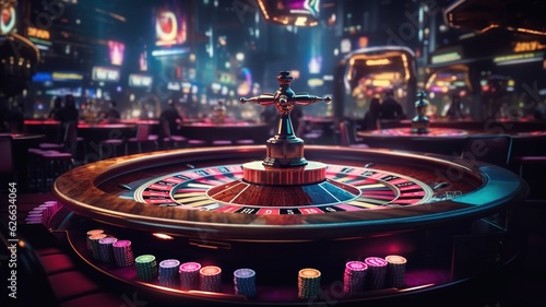 Luxury neon casino, gamblers bet at roulette wheel in action, thrilling Vegas gambling