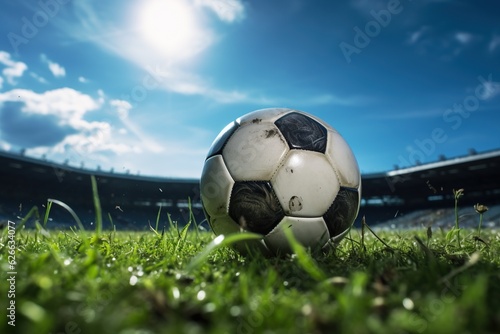 Soccer ball on stadium. Football match on green grass field, sport arena under blue sky © iridescentstreet
