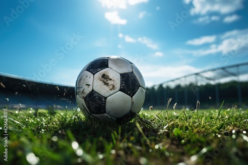 Soccer ball on stadium. Football match on green grass field, sport arena under blue sky