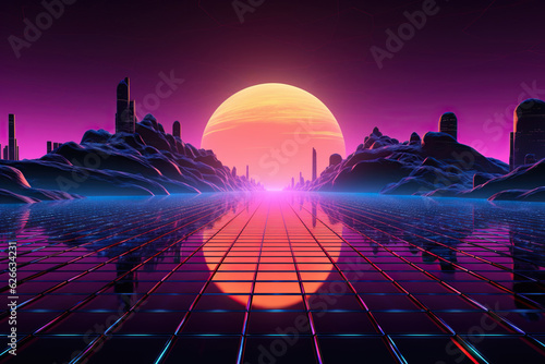 Fototapeta Synthwave landscape with neon grid, futuristic mountains, and sunset, vintage re
