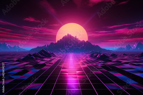 Synthwave landscape with neon grid, futuristic mountains, and sunset, vintage retro cyberpunk scene illustration