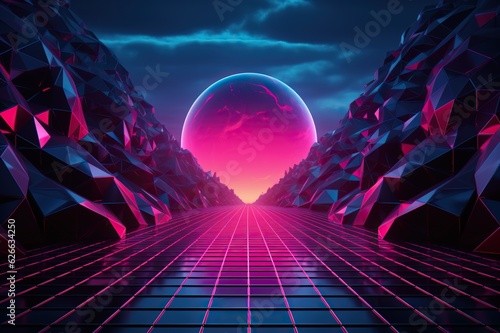 Synthwave landscape with neon grid, futuristic mountains, and sunset, vintage retro cyberpunk scene illustration