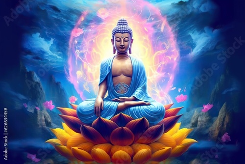 Meditating buddha statue in lotus pose, peaceful spiritual healing art