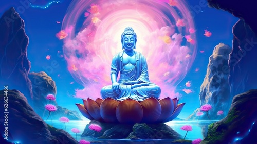 Meditating buddha statue in lotus pose, peaceful spiritual healing art