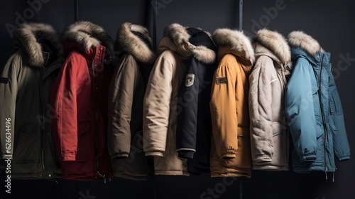 A row of winter coats and jackets in different sizes. created with Generative AI technology