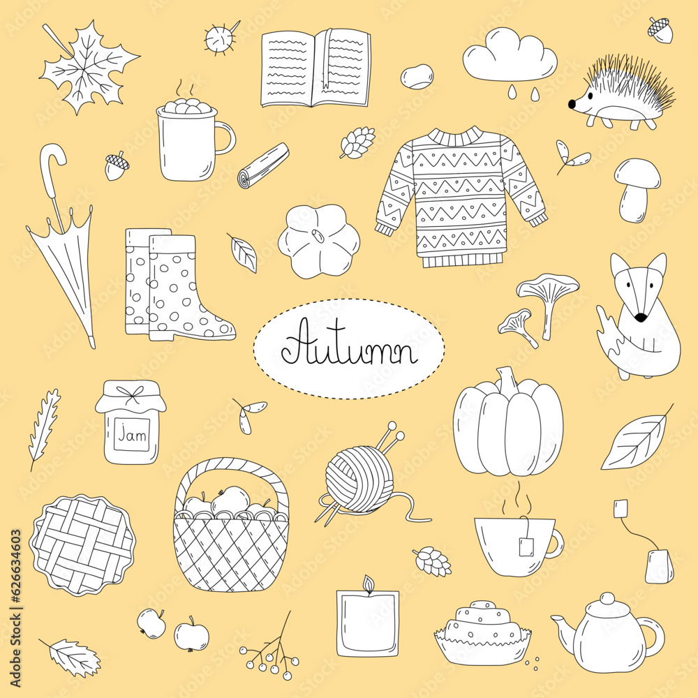 Autumn set in doodle style, cozy fall things, vector