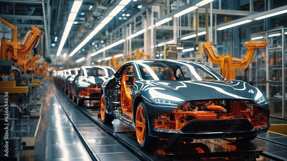 Modern car manufacturing factory, automobile assembly line, automotive industry, robotics in vehicle production, auto parts and machinery, engineering and technology in plant Modern car manufacturing factory, automobile assembly line, automotive industry, robotics in vehicle production, auto parts and machinery, engineering and technology in plant