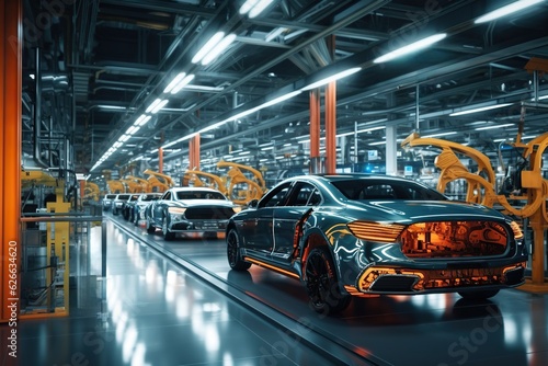 Modern car manufacturing factory, automobile assembly line, automotive industry, robotics in vehicle production, auto parts and machinery, engineering and technology in plant © iridescentstreet