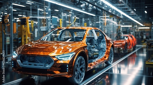 Modern car manufacturing factory, automobile assembly line, automotive industry, robotics in vehicle production, auto parts and machinery, engineering and technology in plant