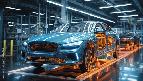 Modern car manufacturing factory, automobile assembly line, automotive industry, robotics in vehicle production, auto parts and machinery, engineering and technology in plant © iridescentstreet