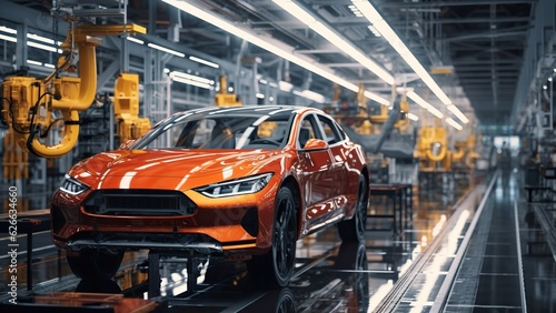 Modern car manufacturing factory, automobile assembly line, automotive industry, robotics in vehicle production, auto parts and machinery, engineering and technology in plant