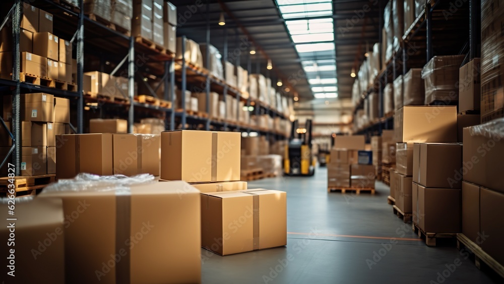 Automated smart warehouse with logistic technology, digital innovation in manufacturing, distribution of cardboard packages, retail delivery, parcel storage, shipping industry Automated smart warehouse with logistic technology, digital innovation in manufacturing, distribution of cardboard packages, retail delivery, parcel storage, shipping industry