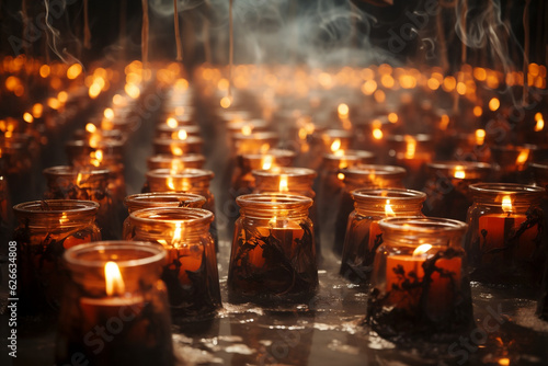 Rows of votive candles with flickering flames and smoke wisps