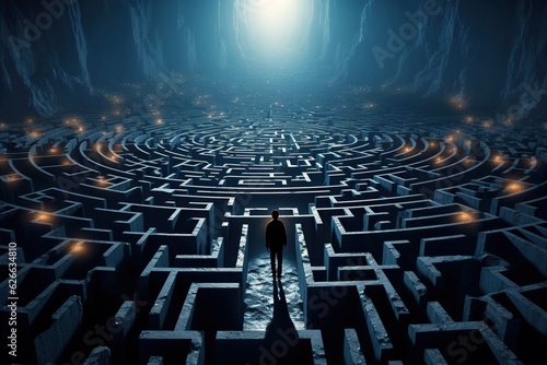 Fototapet Man in surreal maze, facing labyrinth challenge, complex problem decision, strat