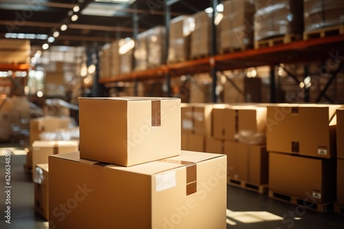 Automated smart warehouse with logistic technology, digital innovation in manufacturing, distribution of cardboard packages, retail delivery, parcel storage, shipping industry © iridescentstreet