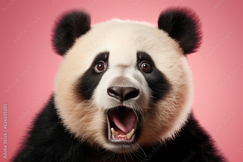 Shocked panda with big eyes isolated on pink background, funny animal expression, cute and surprised face Shocked panda with big eyes isolated on pink background, funny animal expression, cute and surprised face