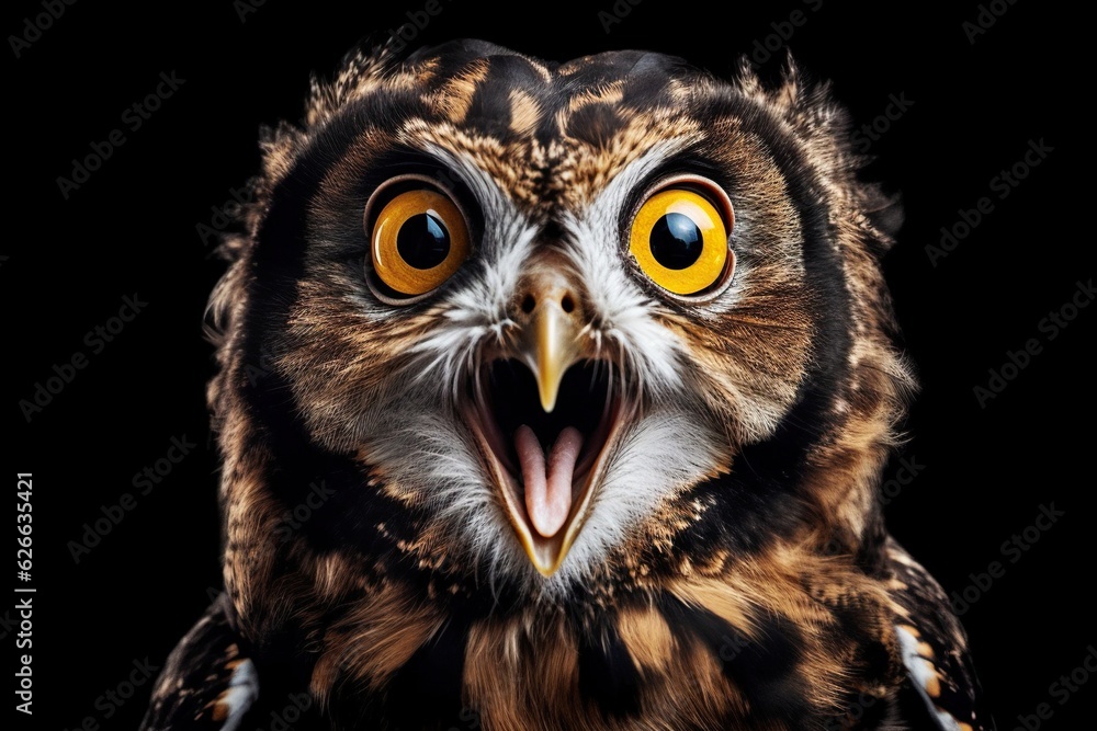 Studio portrait of surprised and shocked owl Studio portrait of surprised and shocked owl