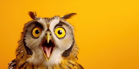 Studio portrait of surprised owl, isolated on yellow background