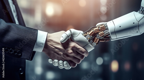 Man shaking hands with robot, showcasing partnership in technology, artificial intelligence and business, handshake with futuristic bionic hand