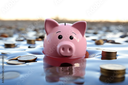 Piggy bank drowning in debt, concept of bankruptcy and losing money