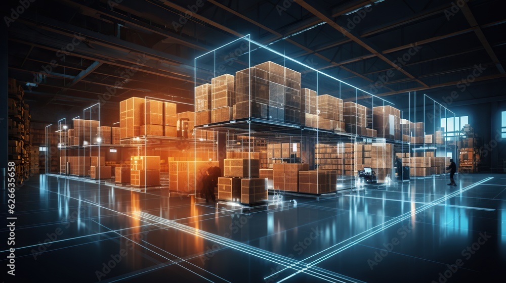 Futuristic digital warehouse using augmented reality: smart logistics, ecommerce and delivery concept in modern industry - obrazy, fototapety, plakaty 