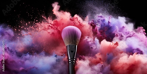 Makeup brush with pink and purple powder explosion: colourful beauty splash, closeup of cosmetic product burst