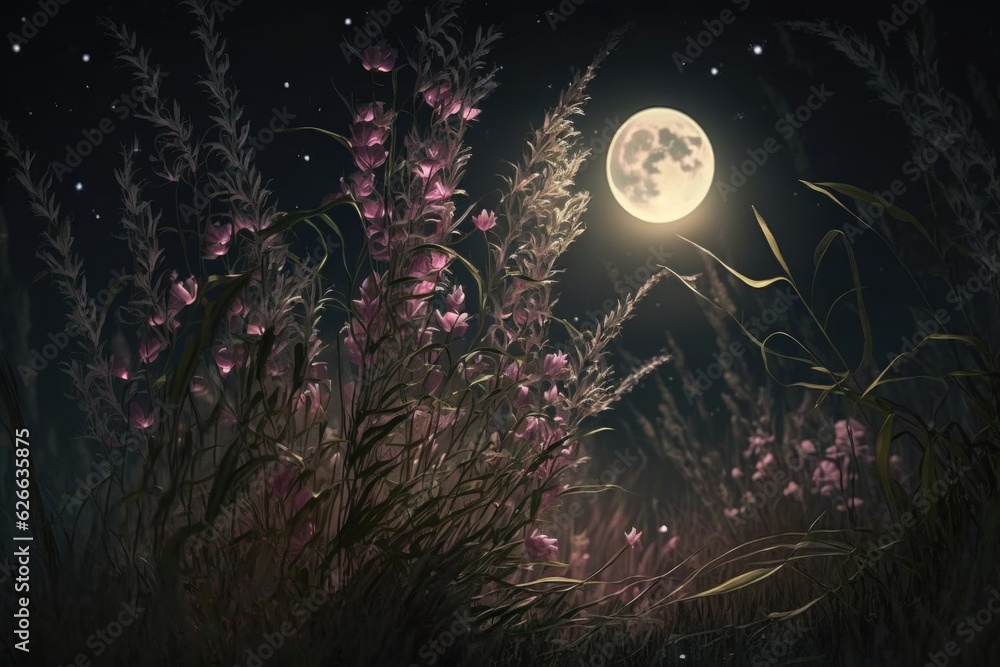 Night landscape with wild flowers and full moon Night landscape with wild flowers and full moon