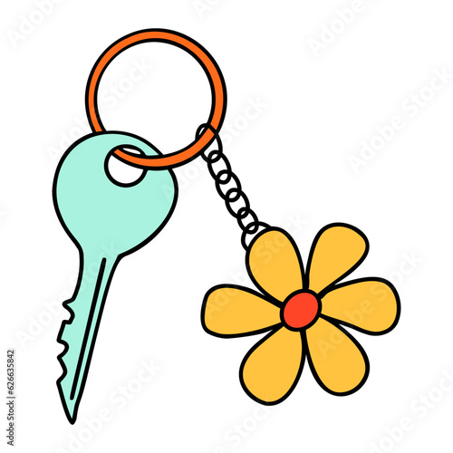 School key with keychain cartoon in doodle retro style. Back to school stationery element bold bright. Classic supplies for children education or office work. Fun vector illustration isolated on white
