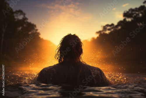 Fotografia Rear view of person being baptized waist deep in river with sun flare