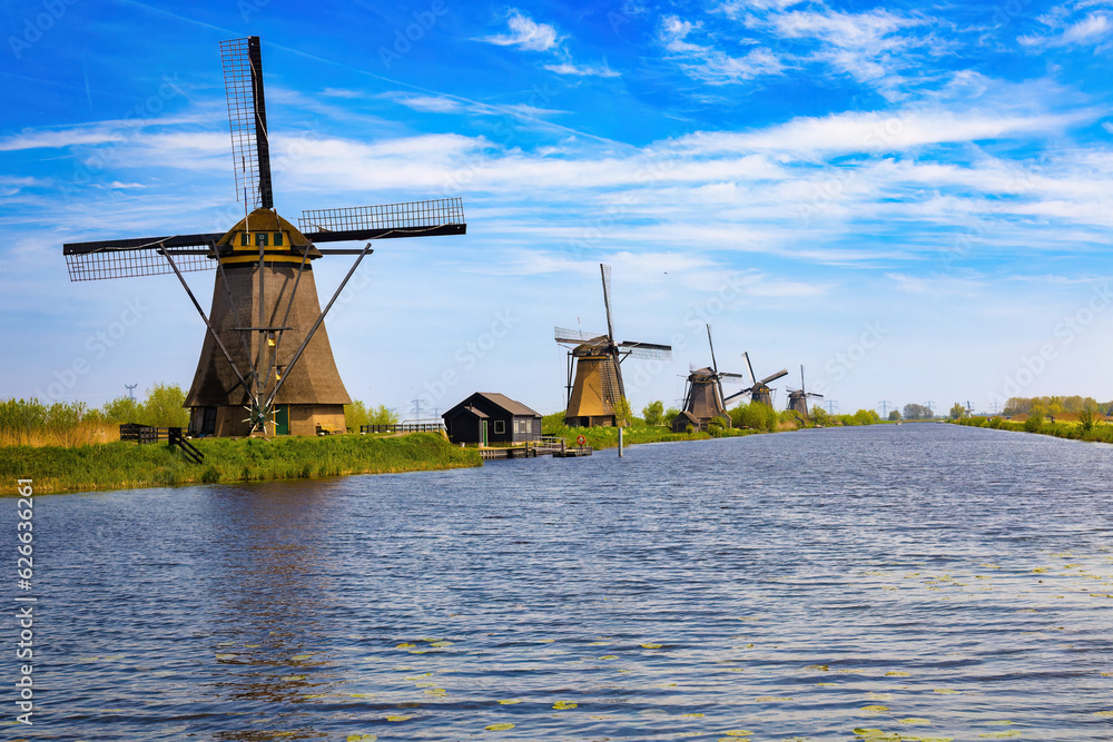 Fototapeta premium Prespective view of the canal and five windmills on its slope that preside over it. KInderdijk, The Netherlands