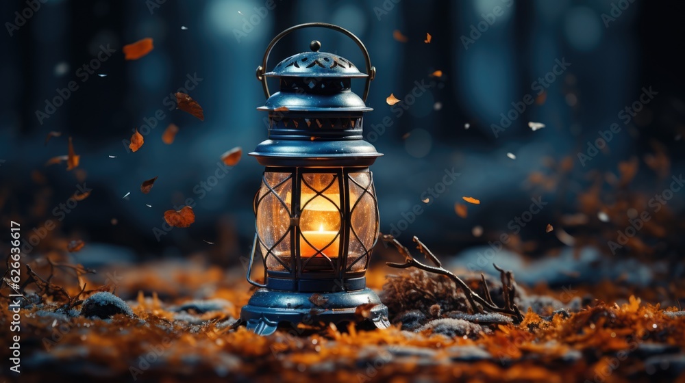 A lantern is lit in the middle of a forest. Magic lantern outdoors at night.