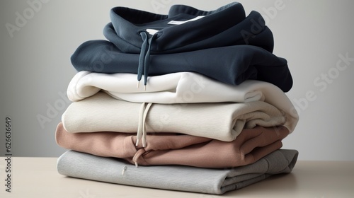 A stack of folded hoodies and sweatshirts in various designs. created with Generative AI technology