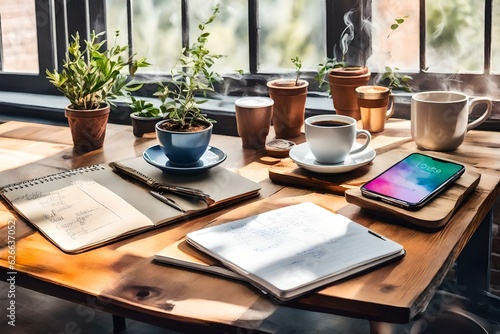 A cozy cafe table arrangement with a smart phone lying on a rustic wooden table, accompanied by a steaming cup of coffee, a notepad filled with sketches, and a potted plant, soft natural light coming 