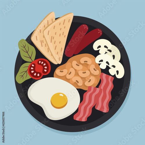 Illustration of an English breakfast with egg, sausage, bacon, beans on a plate in flat style. Plate top view.