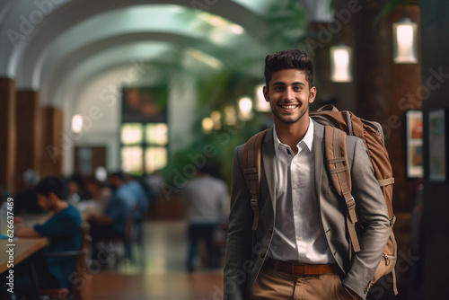 Young smiling indian student standing in univesity hall. High quality photo