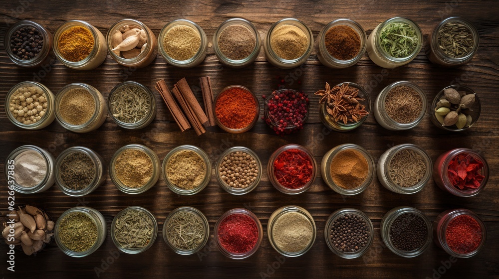A collection of various spices and herbs neatly organized on a wooden background. created with Generative AI technology A collection of various spices and herbs neatly organized on a wooden background. created with Generative AI technology