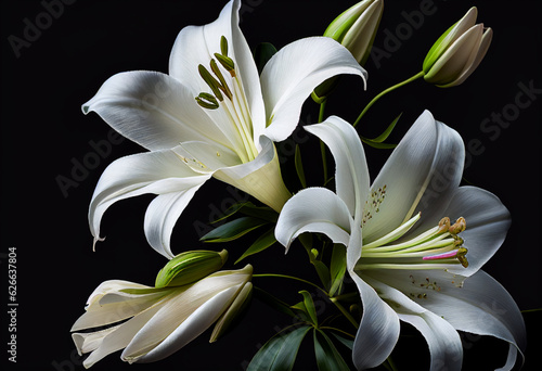 Several white lily flowers on a black background. AI Generated ©  iiulia