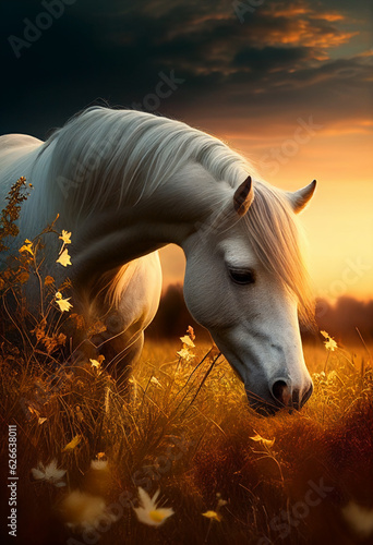 White horse stands in a paddock at sunset. AI Generated