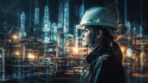 Double exposure of engineer with oil refinery plant
