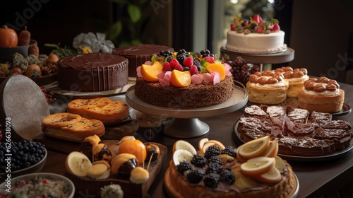 A table adorned with delectable desserts like cakes, pastries, and tarts. created with Generative AI technology
