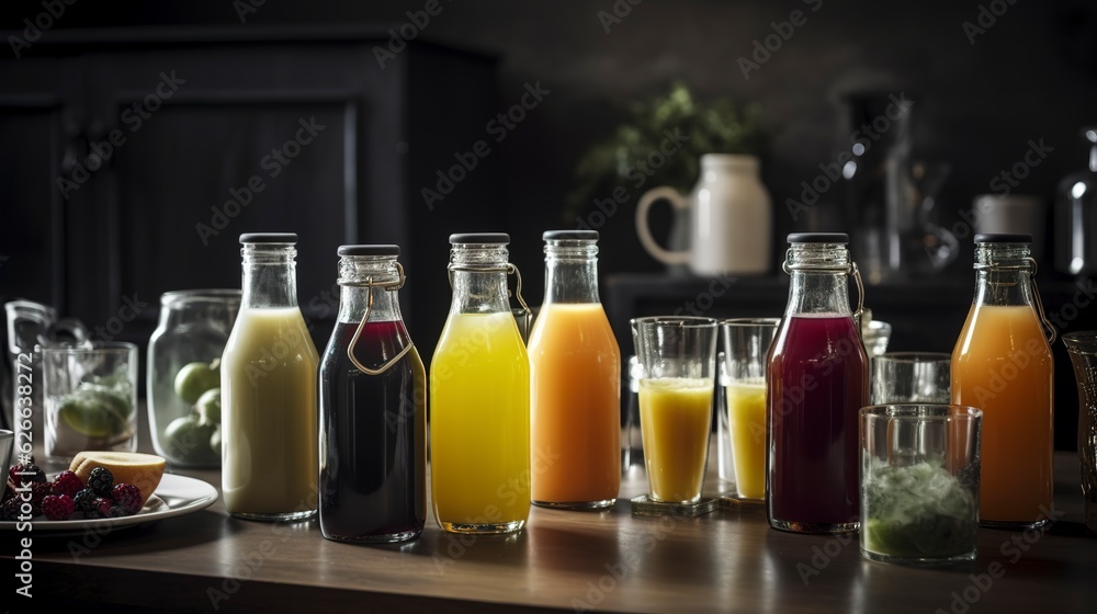 A table set with elegant juice glasses and bottles showcasing different types of juice. Created with Ai Technology A table set with elegant juice glasses and bottles showcasing different types of juice. Created with Ai Technology